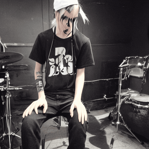 AI generated: Male, drummer, long straight black hair, baggy jeans, grey eyes, in a band, playing drums, lean, ski...