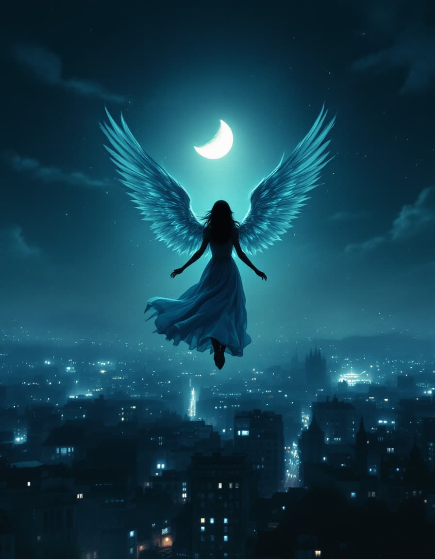 AI generated: A woman with wings silently soars over a town at night and we see this from her perspective. A half-...