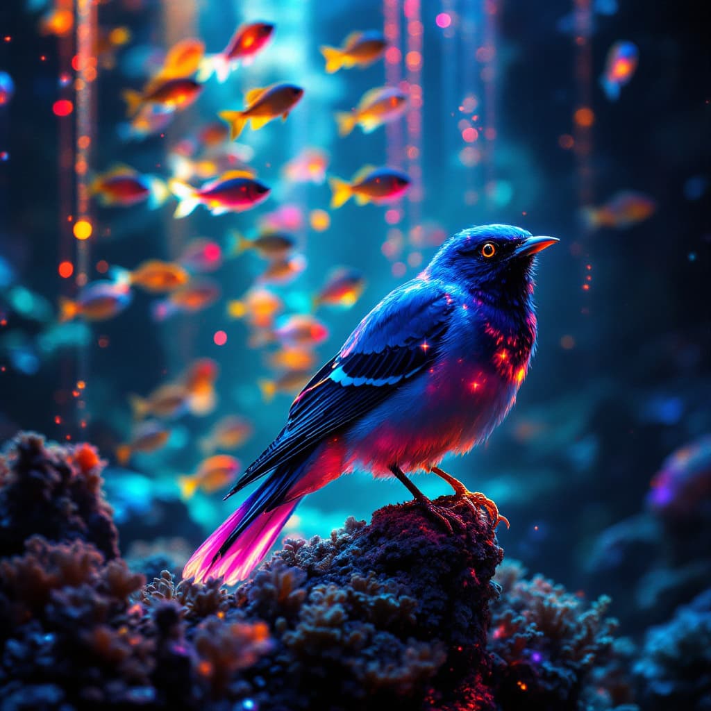 AI generated: 25.	a school of sparrow - so unique glowing neon - all colours under the deep sea, light beams from ...