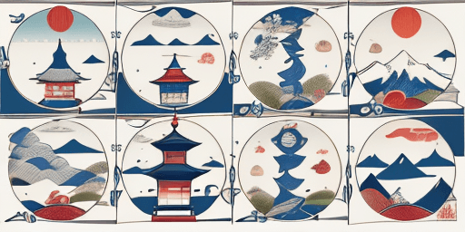AI generated: Create a pattern with stylized depictions of Mount Fuji, a uchiwa fan, a crane, and a lantern, all d...