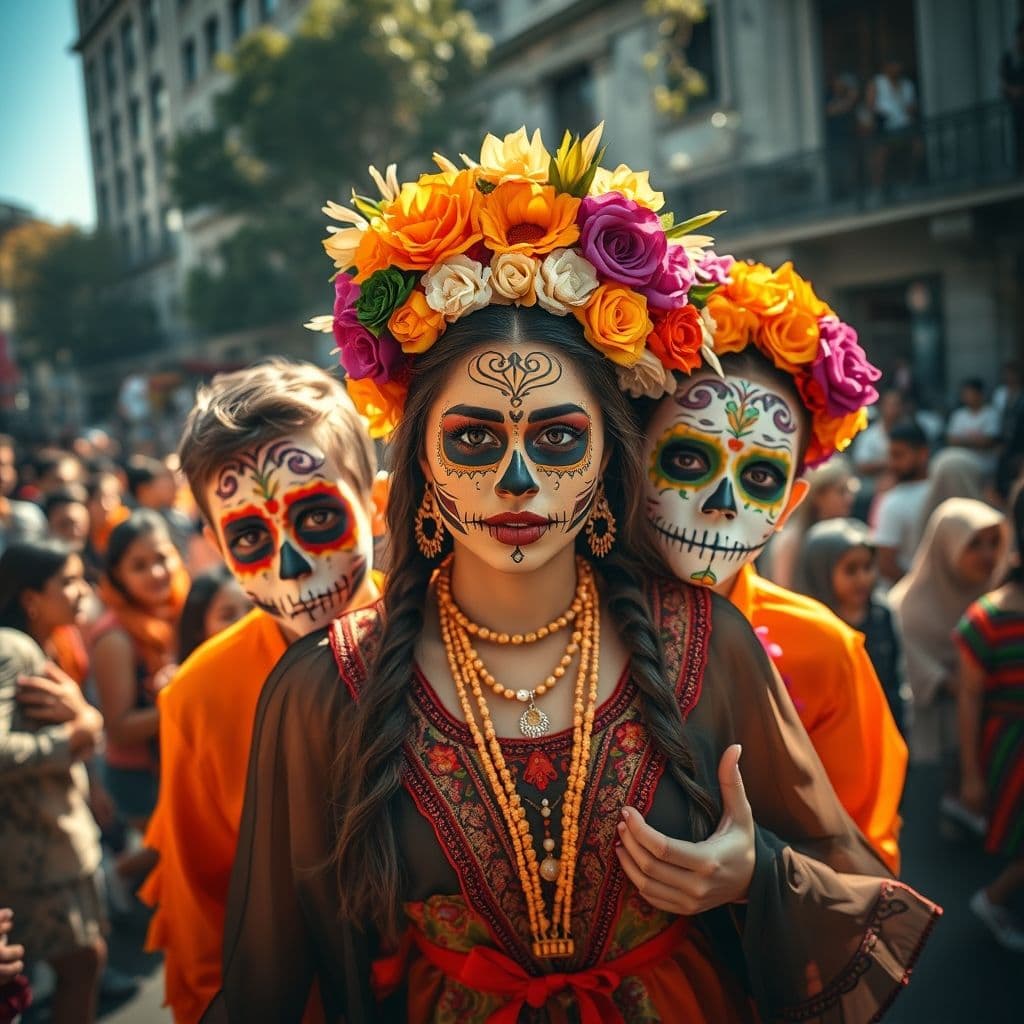 AI generated: Capture a high-resolution photograph of the vibrant "Días de los Muertos" parade in Mexico City, fil...