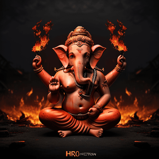 AI generated: ganesha sitting, chaotic fire explosion, indian mythology, angry expression, fierce eyes, fire rain,...