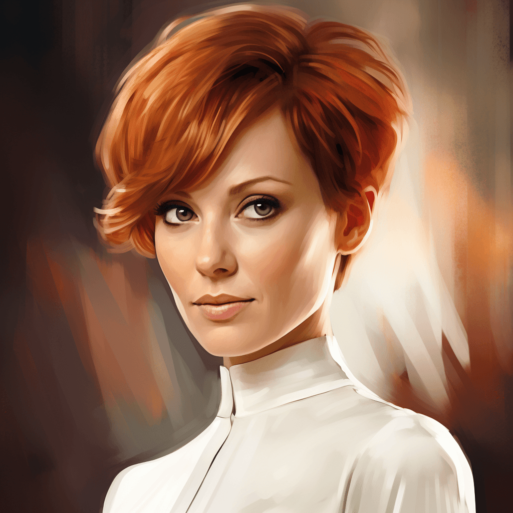 AI generated: perfect honey eyes, short eyebrows, round face, beautiful look, detailed elegant white dress, elegan...