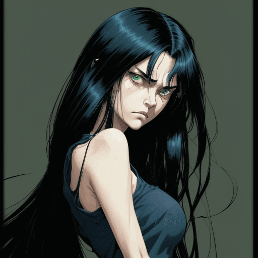 AI generated: a Woman with long messy black hair and big shoulders, with angry eyes, in the style of quirky manga ...