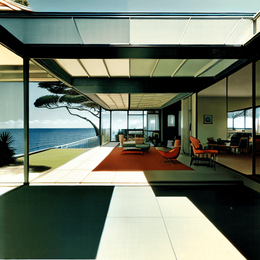 AI generated: Hyper realistic eye level exterior photo of a mid century modern style house overlooking the ocean, ...