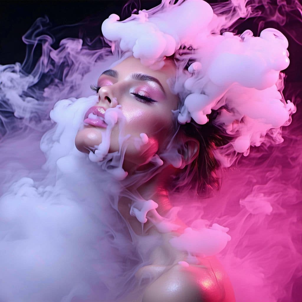 AI generated: portrait of a woman covered in cloud of smoke, whirlwind, pink highlight colors, pink make-up, hints...