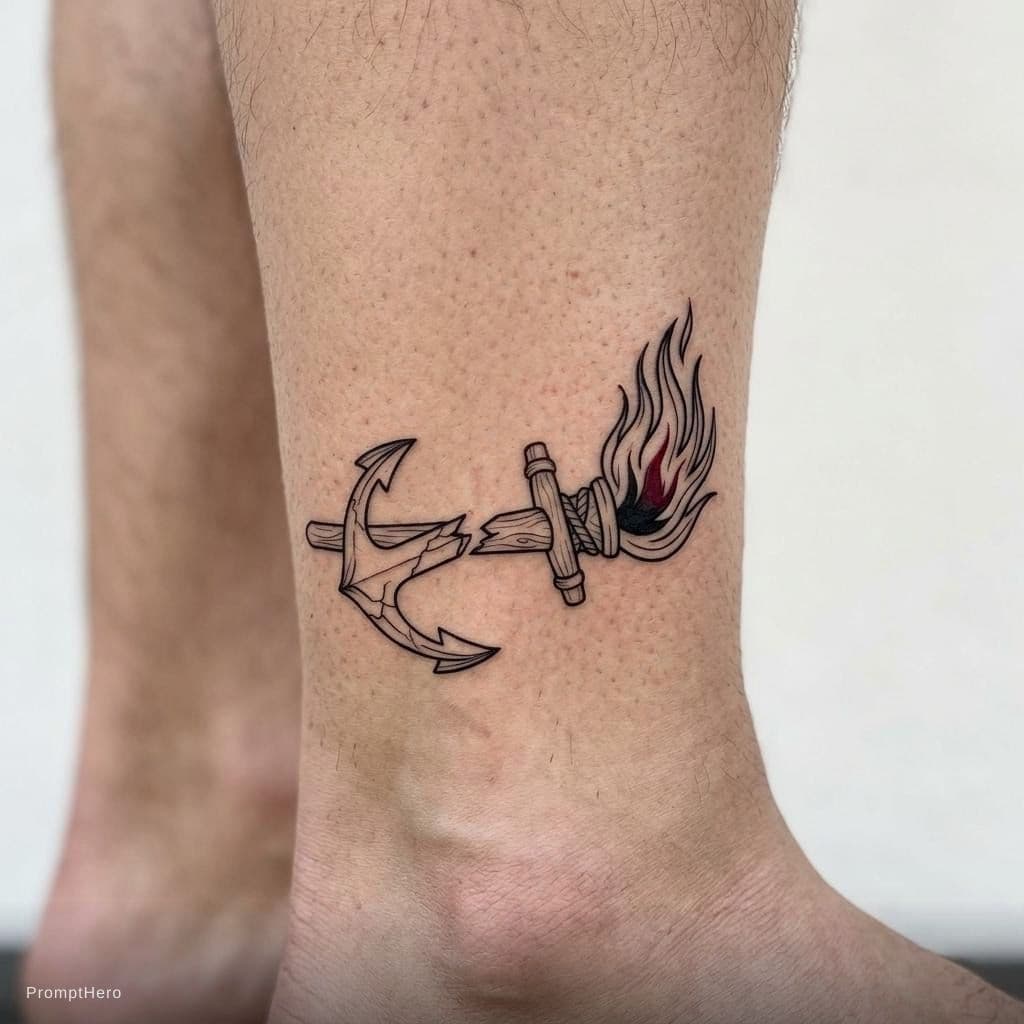 AI generated: A symbolic minimalist tattoo design. A simple flaming torch merged with a broken ship's rudder or an...