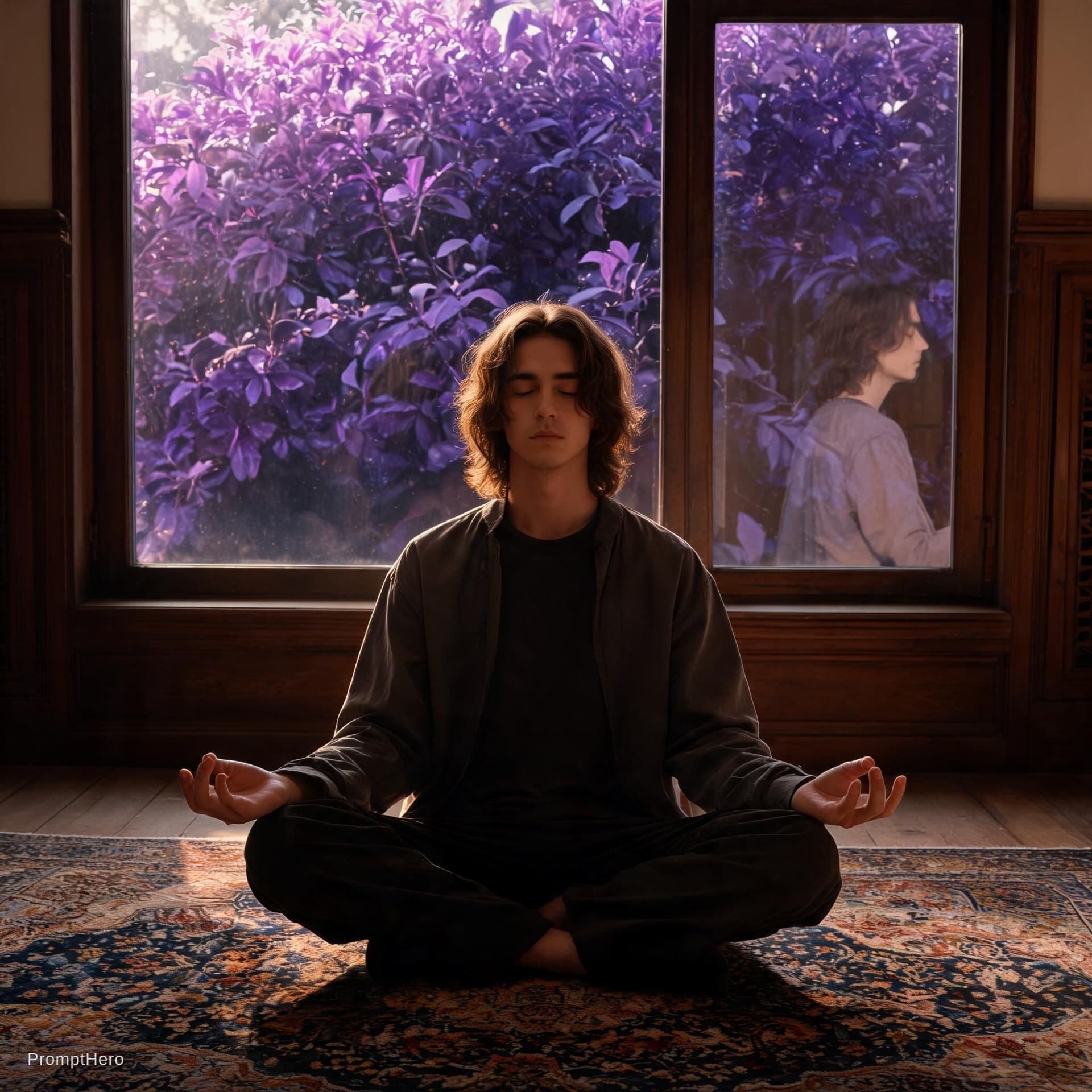 AI generated: introspective young man with wavy hair meditates in a serene space, cross-legged on an antique rug, ...