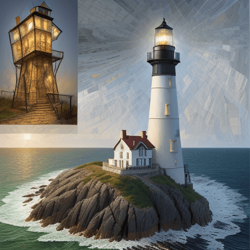 AI generated: a collage of a light house in mosaic, in the style of andrew atroshenko, peter gric --ar 73:109 --st...