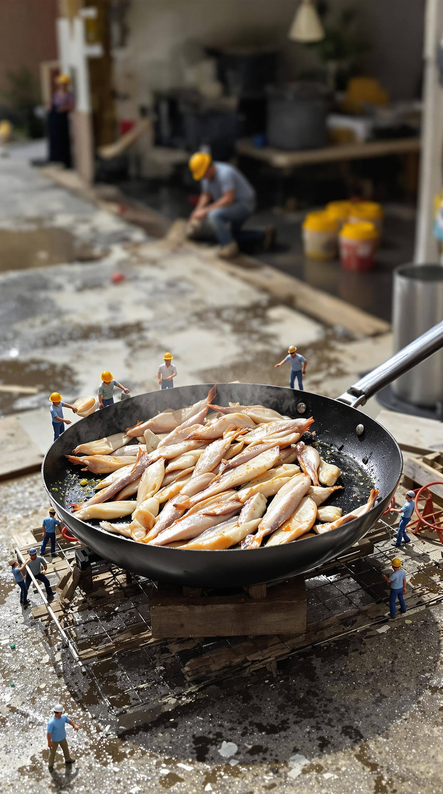 AI generated: miniature construction workers cooking Tuna Fish on a gigantic Pan
