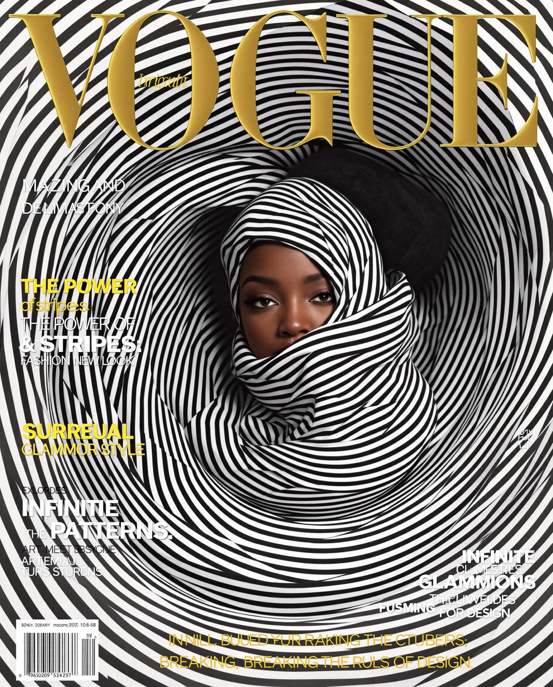 AI generated: VOGUE magazine cover featuring a mesmerizing African-American woman wrapped in a swirling vortex of ...