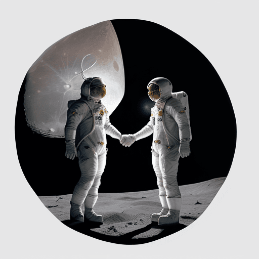 AI generated: two people shaking hands on the moon's surface, Space exploration style, Astronomical and Adventurou...