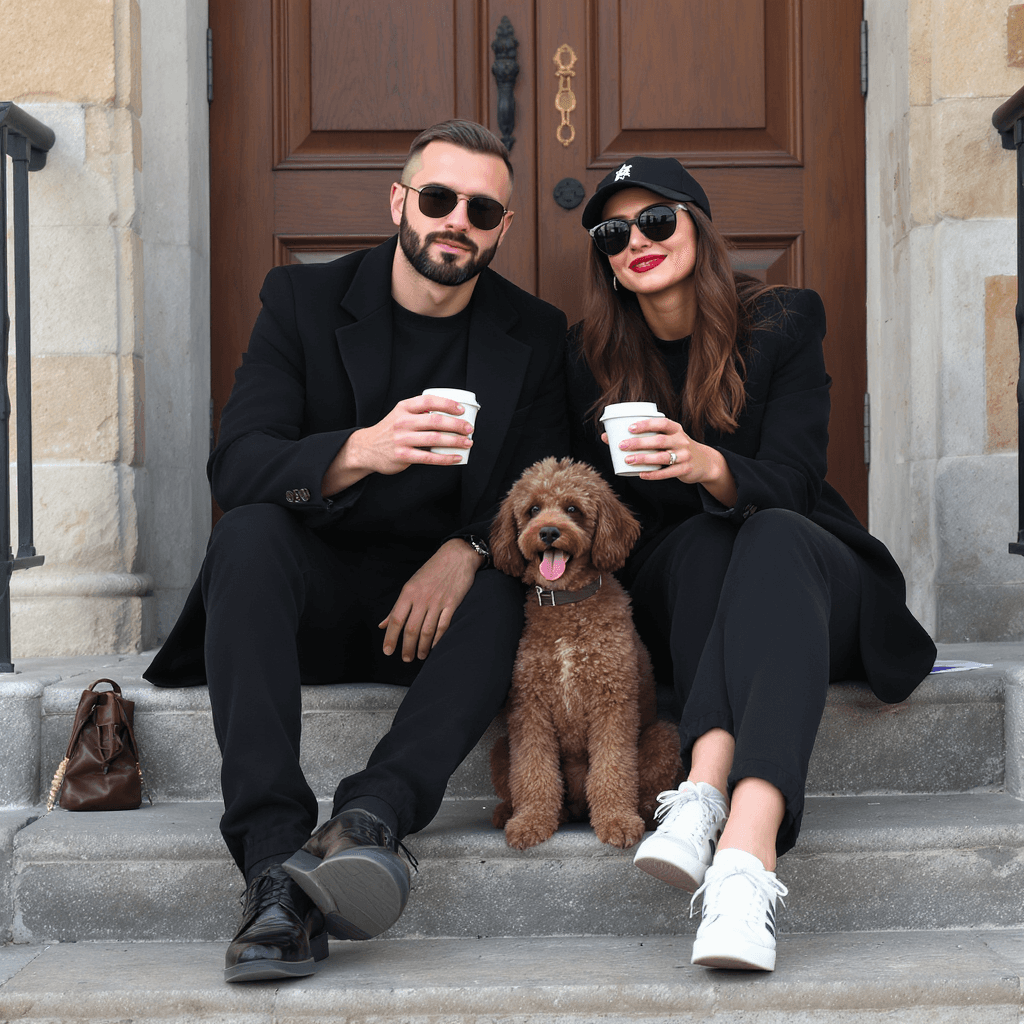 AI generated: 3 D illustration of a Slavic couple with their dog sitting on the steps, wearing black outfits and s...