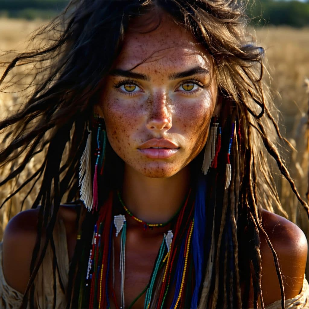AI generated: A captivating, untamed gypsy girl stares boldly into the viewer's soul, her sun-kissed skin and wild...