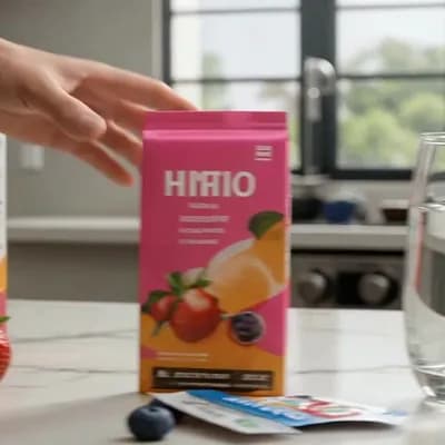 AI generated video: A premium commercial product advertisement scene for HYDRIO hydration drink mix. 
The camera slowly ...