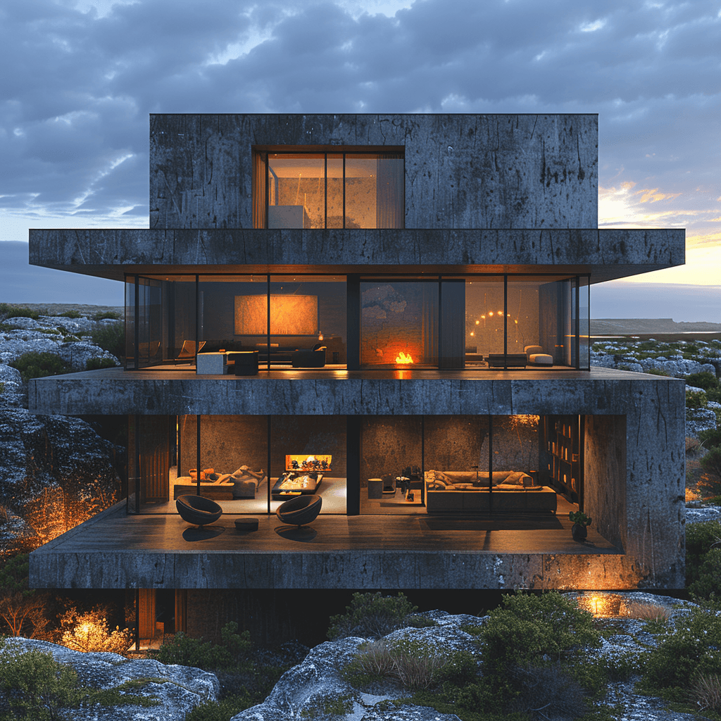 AI generated: modern minimalist residential house in Iceland, dramatic lighting, aerial view, canon EOS 5d, stunni...
