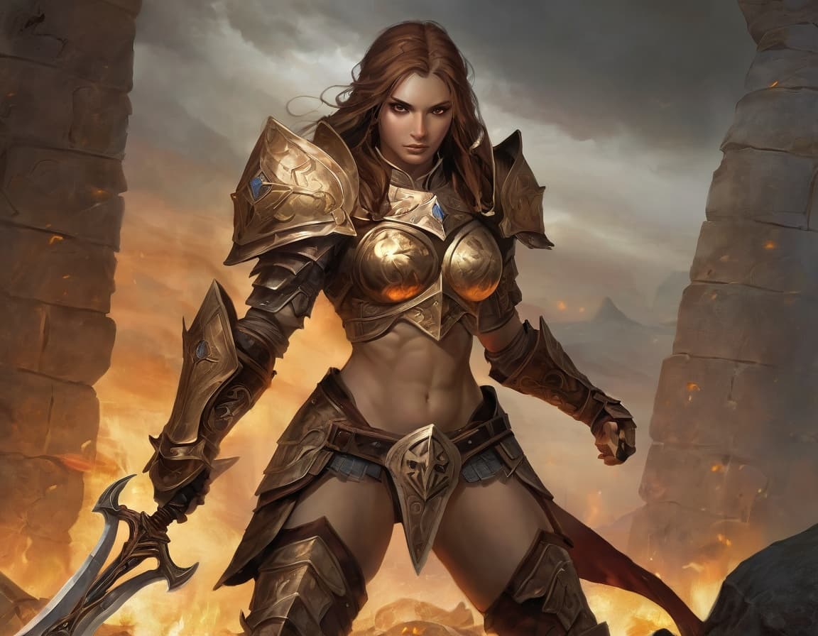 AI generated: A heroic yet weary female paladin stands at the heart of a shattered battlefield, clad in scantly cl...