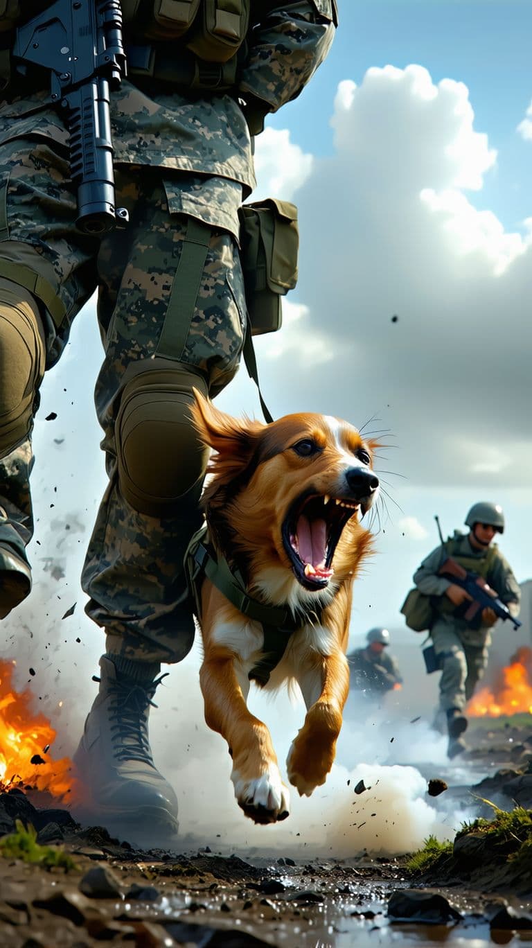 AI generated: a stray dog in army gear bites a soldier's leg, the soldier screams, the atmosphere of the battlefie...