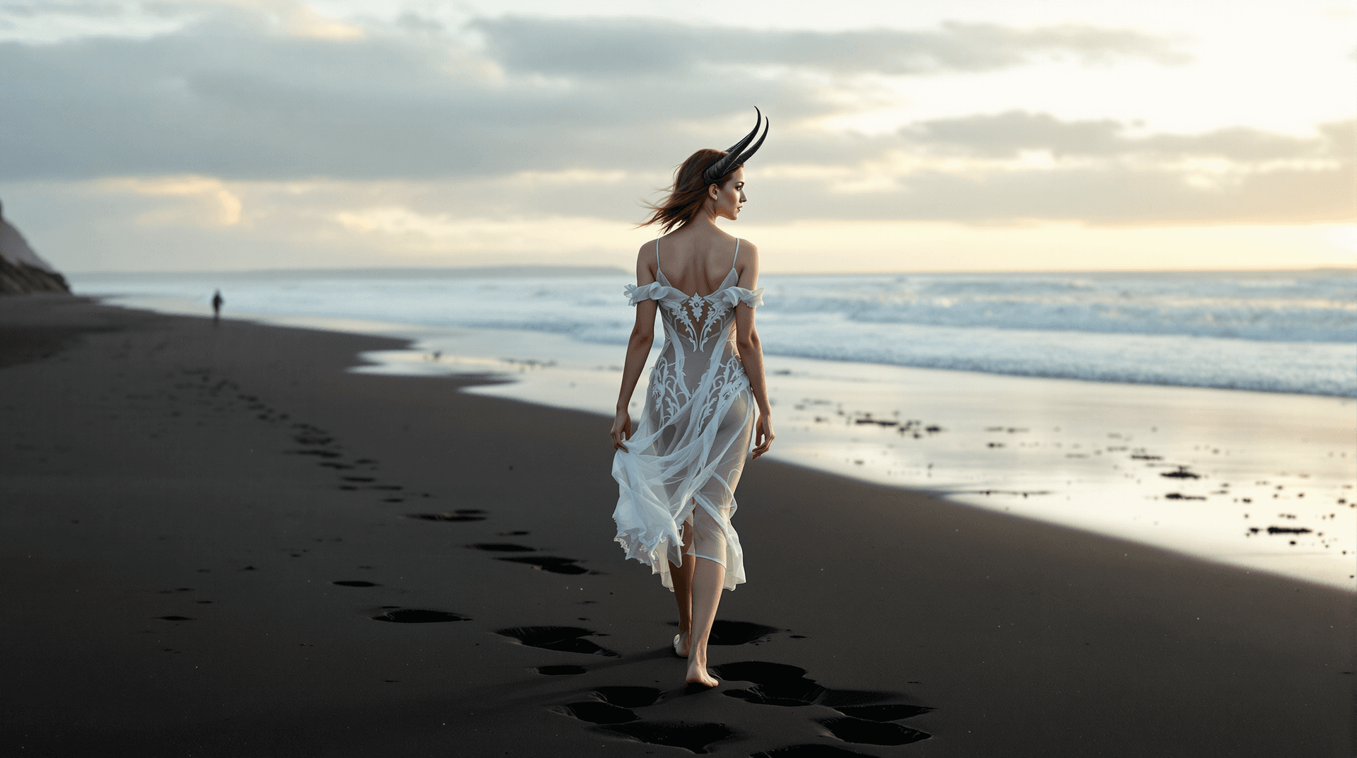 AI generated: Distant view, wide angle photo, full person. A beautiful calm morning. A female Cambion walking. ( a...