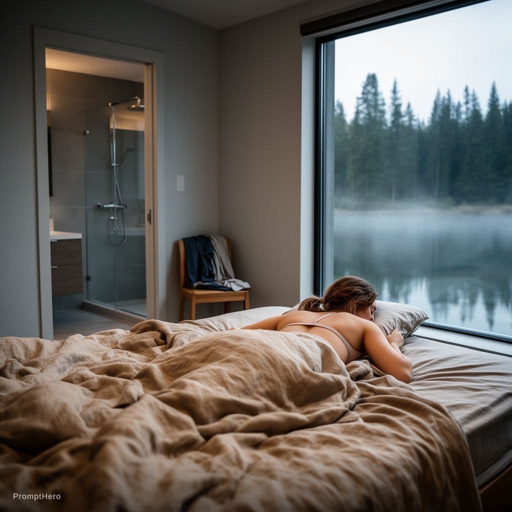 AI generated: A serene, cinematic bedroom scene in soft early morning light. A woman lies sleeping on her side on ...