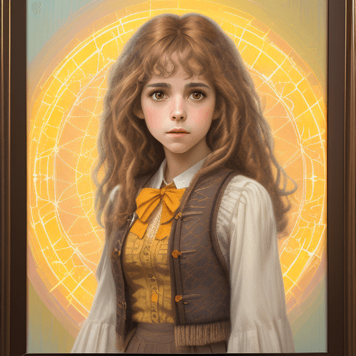 AI generated: A captivating Hermione Granger with enchanting brown eyes, in the style of 1970s Decor, emitting a s...