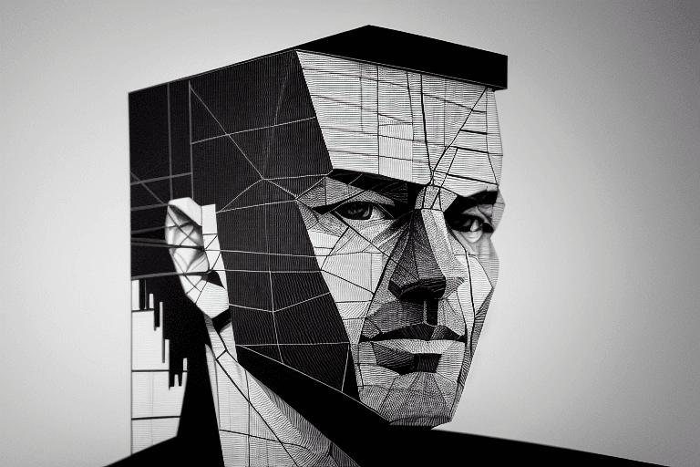 AI generated: a man made of minimal black and white cubic art made of lines and scribbles, hyperrealistic, 4k, mas...