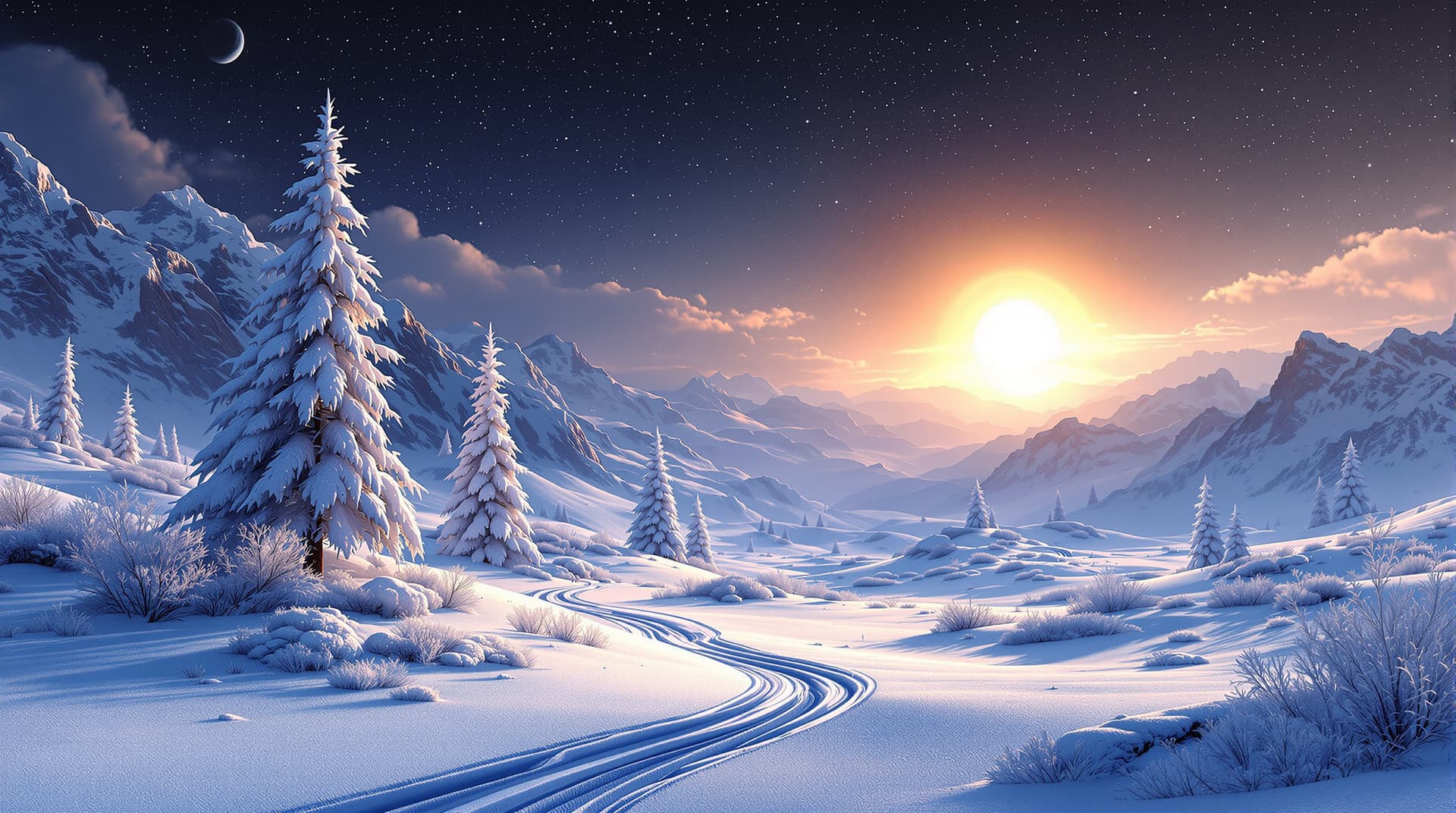 AI generated: winter landscape on a forieng planet