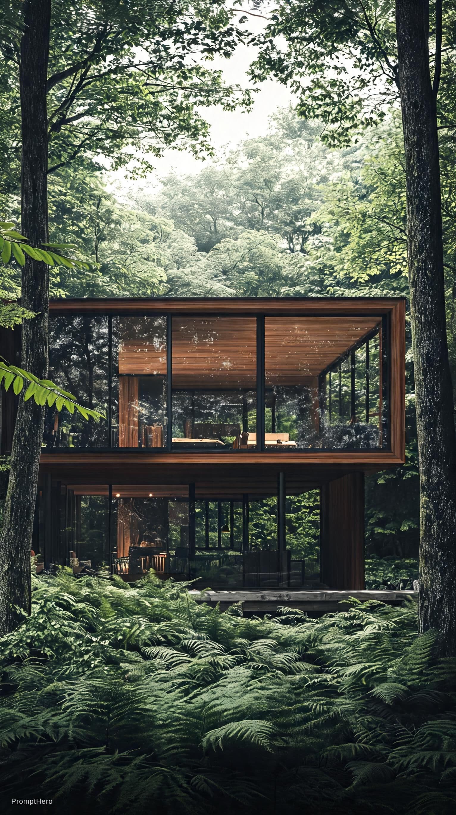 AI generated: architectural photography, wide shot of a modern house embedded in a natural forest environment, hig...