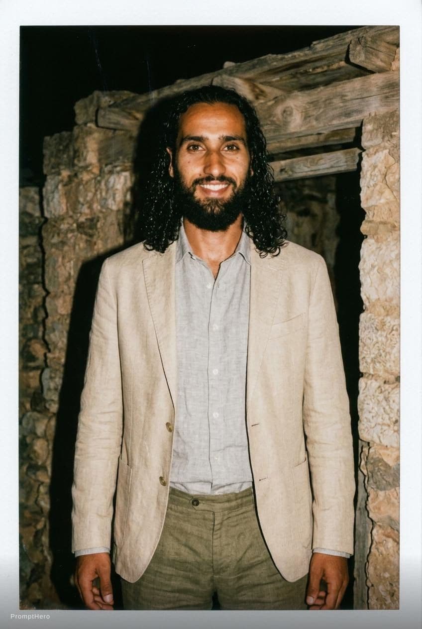 AI generated: https://s.mj.run/R07woSegYRM a 35 years old Mediterranean, dark hair, male model dressed in linen cl...
