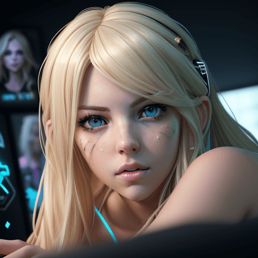 AI generated: Generate a full-length portrait of a gamer in her game room, (ashleyBenson:0.9), ((platinum-blonde))...