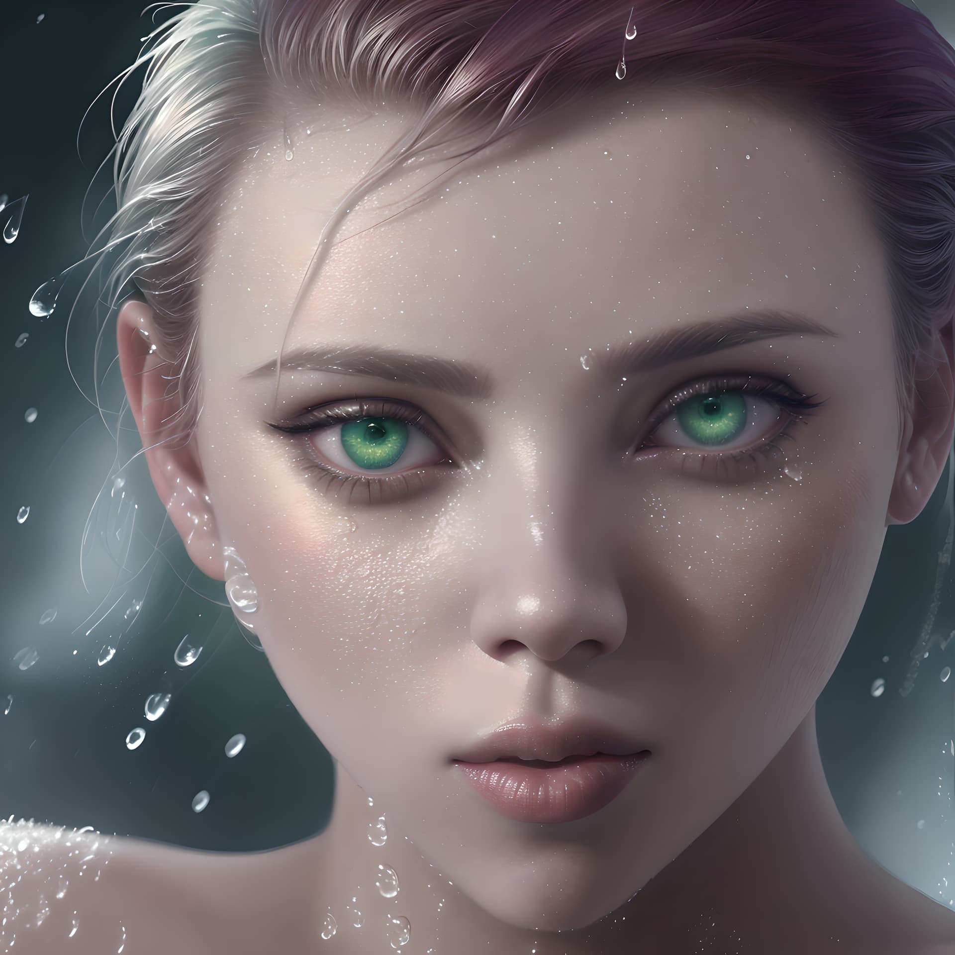 AI generated: scarlett johansson as a close up of a woman with no hair and Green eyes, rain droplets frozen in tim...