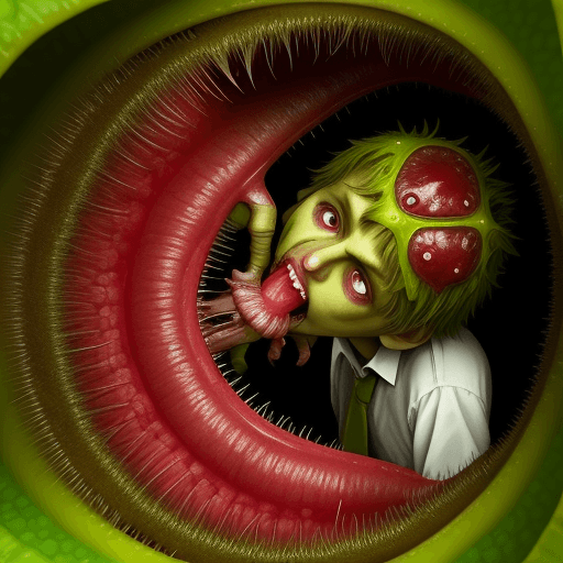 AI generated: A man being sucked inside a carnivorous plant