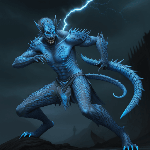 AI generated: An undead with blue highlighted scales, sharp fangs, very detailed face, fantasy, claws, full body, ...