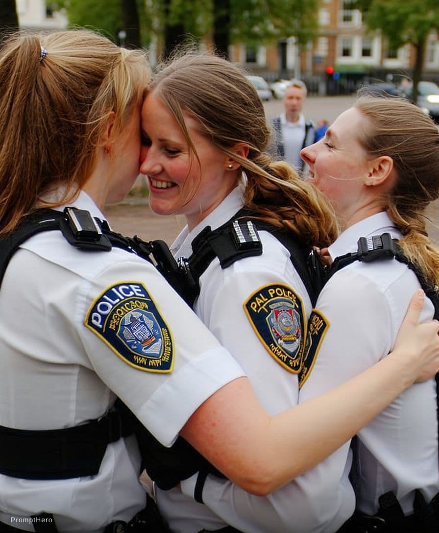 AI generated: british wpc police women hugging on park bench