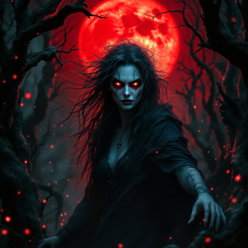 AI generated: A realistic depiction of a terrifying mystical witch inspired by a fairy tale, standing close to the...
