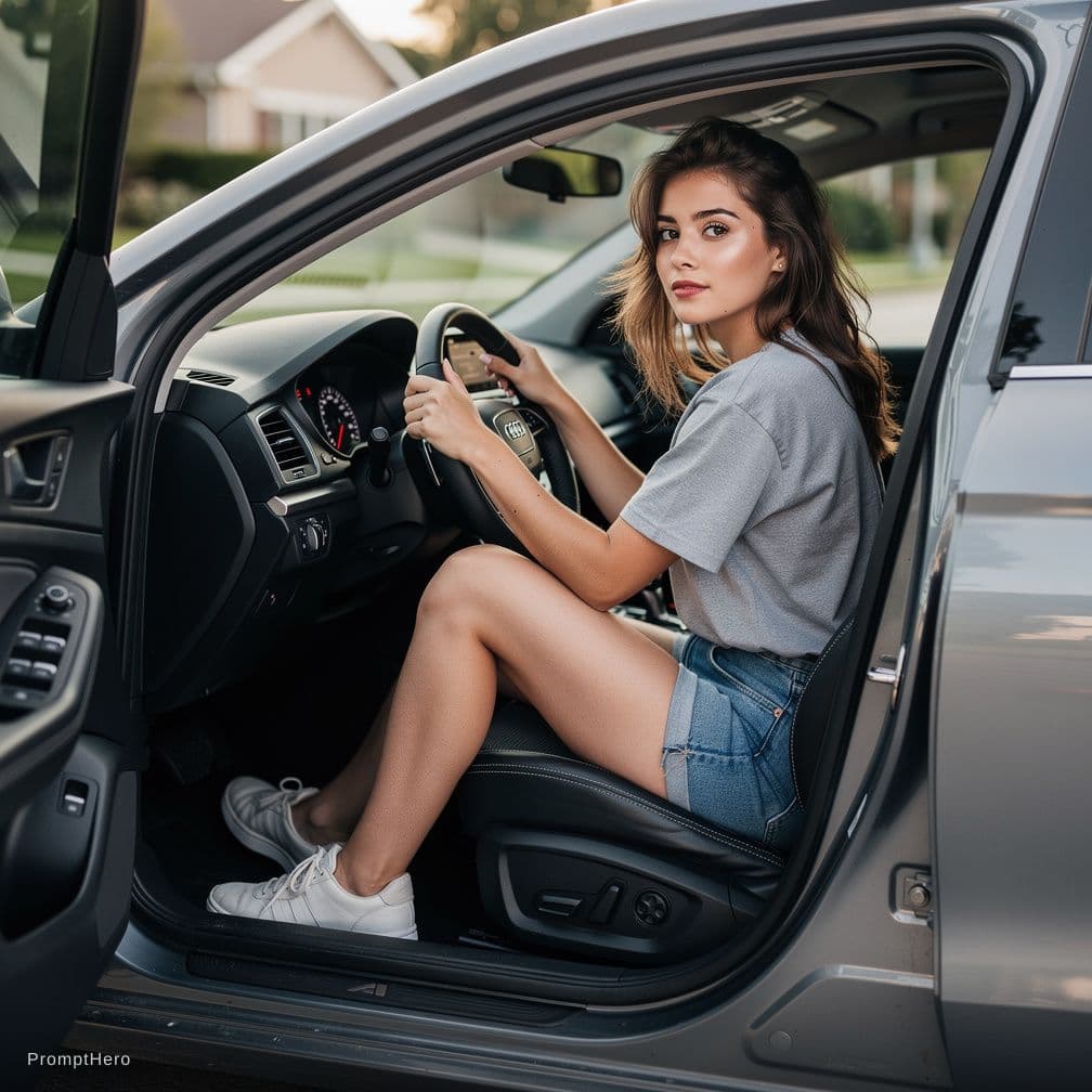 AI generated: Create a girl on Panties sitting in car