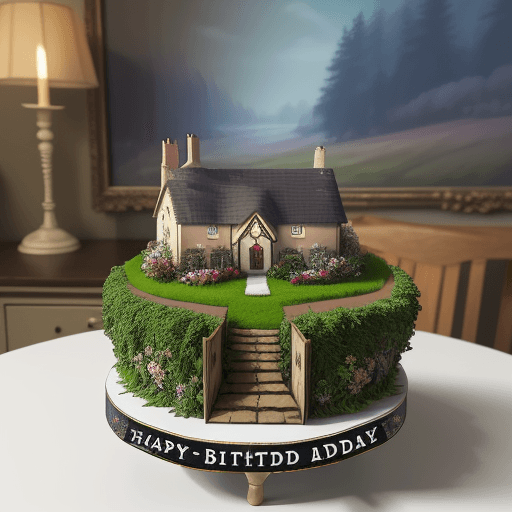 AI generated: Create a 3D diorama in an English cottage, On the table there is a 2 tier cake with printed name “Ha...