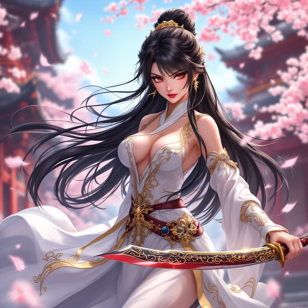 AI generated: A vibrant digital illustration of a fierce samurai girl in an elegant white dress adorned with intri...