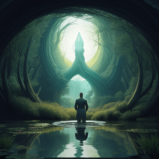 AI generated: a man in a pond, looking through the hole, in the style of visionary otherworldly, gigantic scale, f...