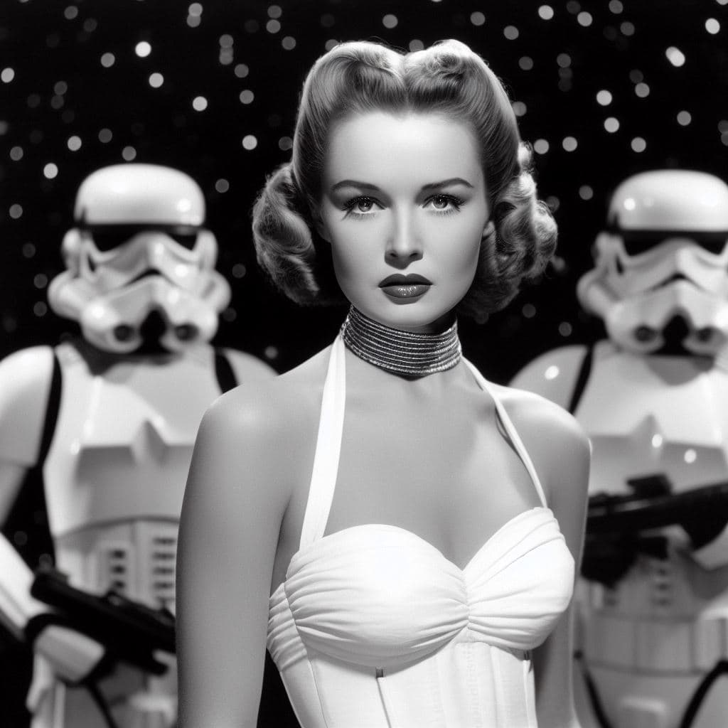 AI generated: Hollywood actress of the '40s dressed as storm trooper, background: starship, choker, straplees