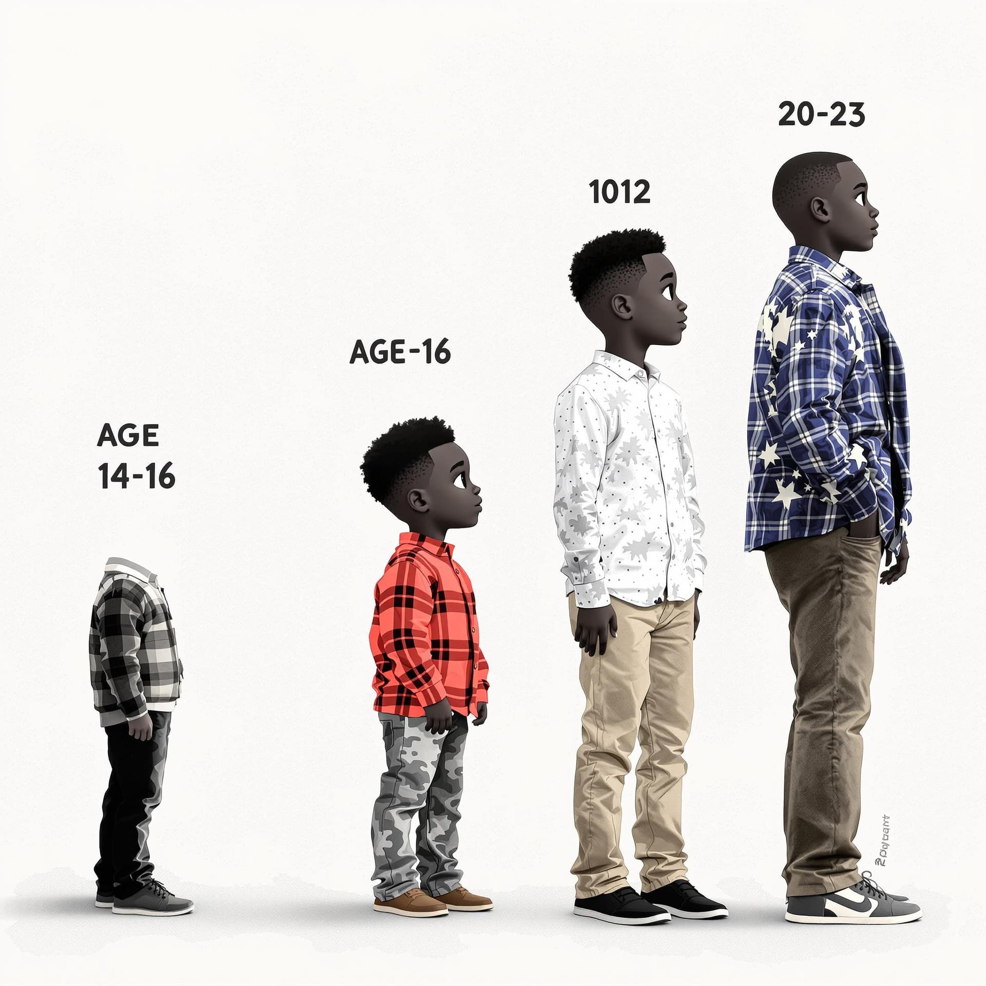 AI generated: a time progression of age, with a black boy to his adulthood, age 6-8, age 10-12, age 14-16, and 20-...