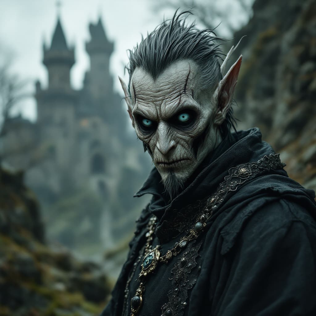 AI generated: hyper-realistic (fabled character tale) from the dark kingdom, a castle in the back. with detailed e...