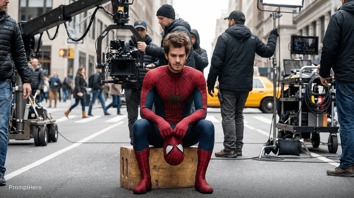 AI generated: ultra photorealistic behind-the-scenes movie set photograph, young male actor wearing a classic red ...