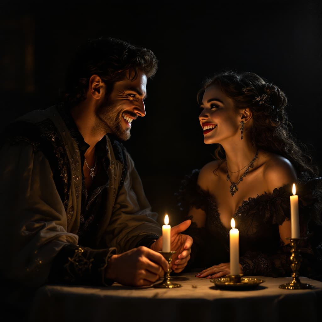 AI generated: A baroque-style oil-painting inspired by Caravaggio, depicting a man and a woman engaged in playful ...
