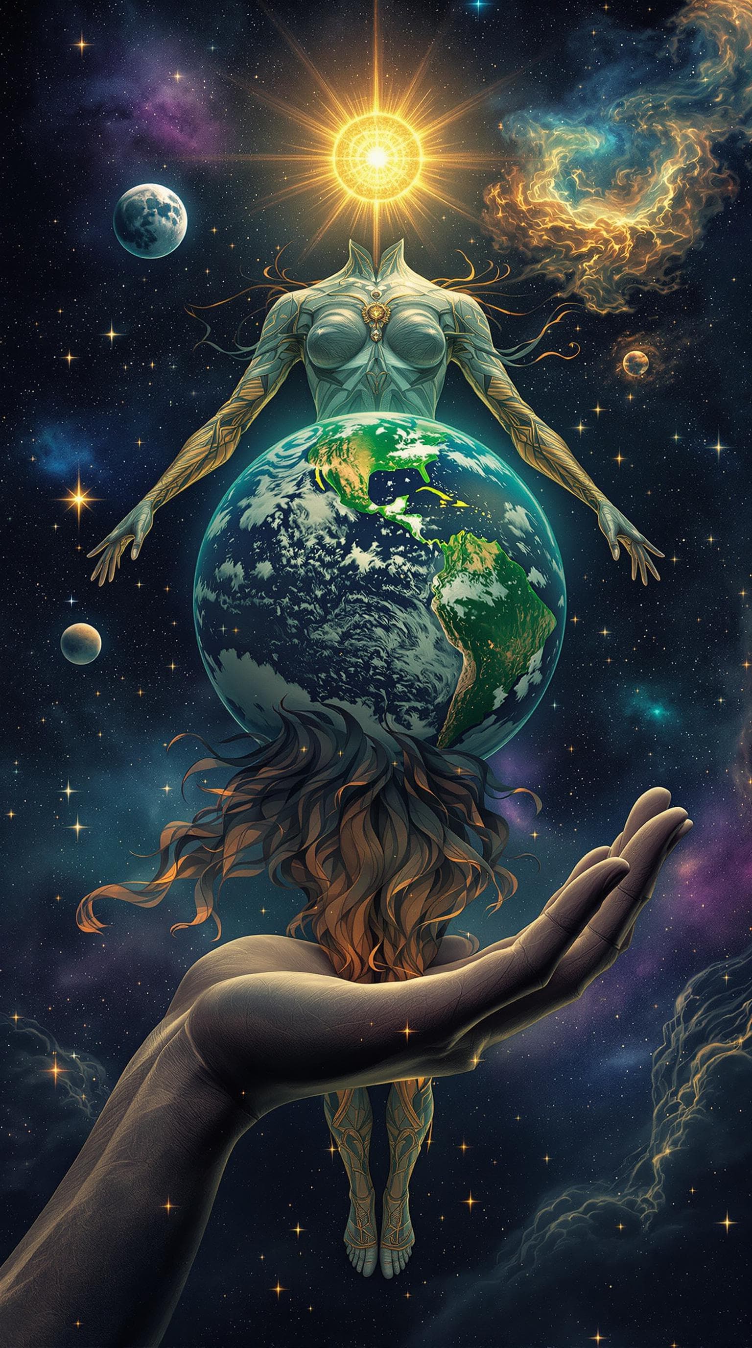 AI generated: full body and fantastical depiction of a massive cosmic Hmong girl floating through the vastness of ...