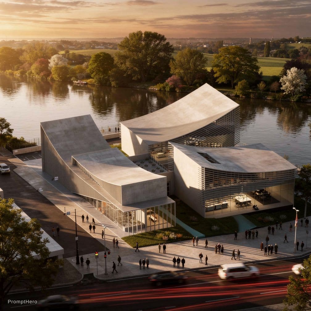 AI generated: photorealistic, canon EOS 5d, minimalistic medium scale office building, curved, geometric shaped ou...