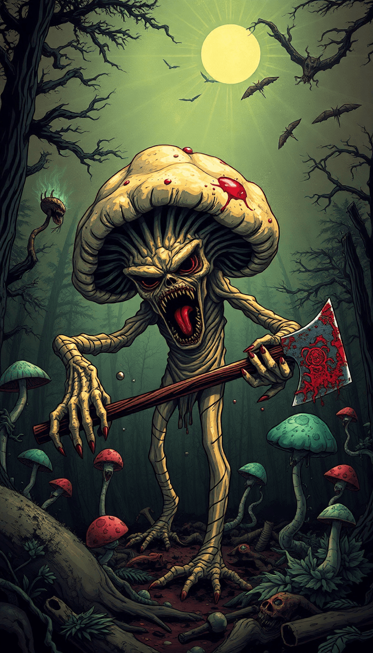 AI generated: A chaotic, vector horror art scene of a diverse background, In the dark underbelly of a psychedelic ...