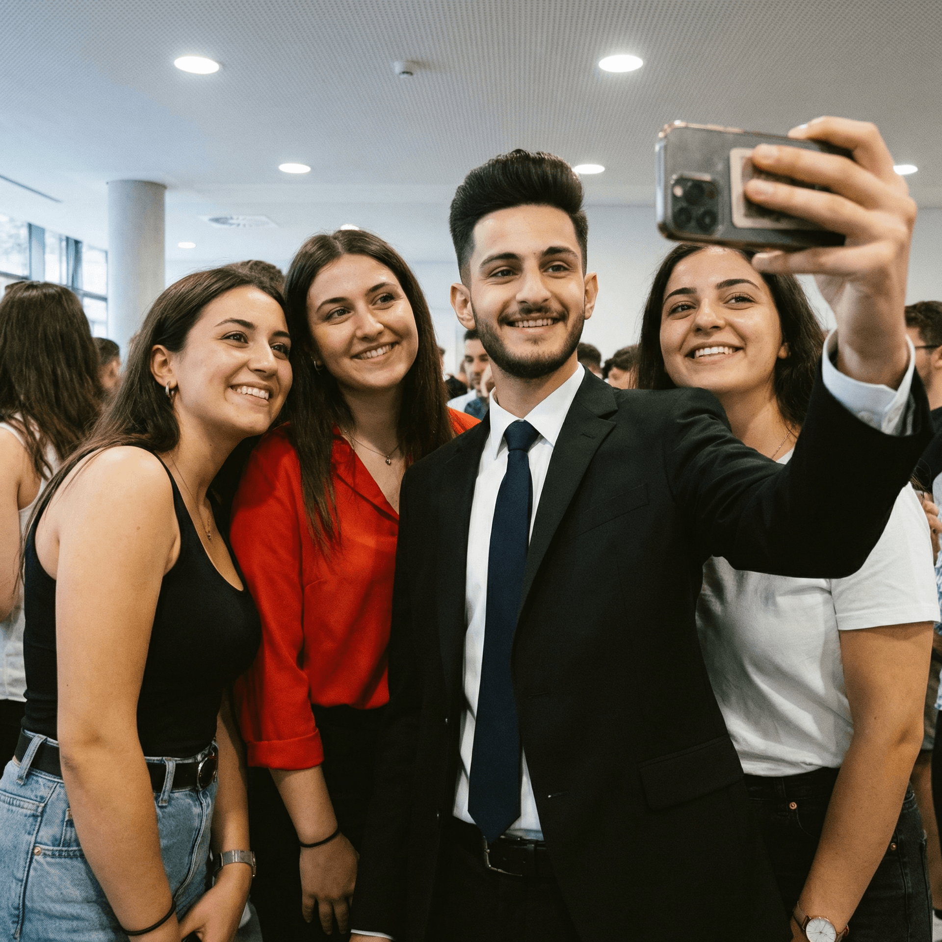 AI generated:  seflie of handsome man from uploaded image with 3 onlyfans models with huge fake tits and juicy BBL...