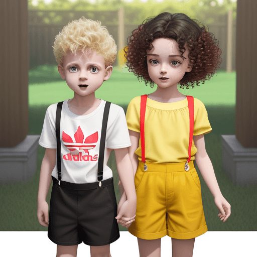AI generated: Funny boy and girl aged one two years old, they are playing outside with a red little dog, the seaso...