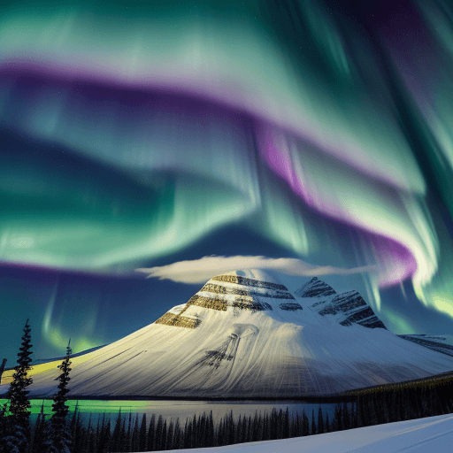 AI generated: Aurora Borealis, Northern Lights Art, snow capped mountain landscape, 5 glowing radioactively moonli...